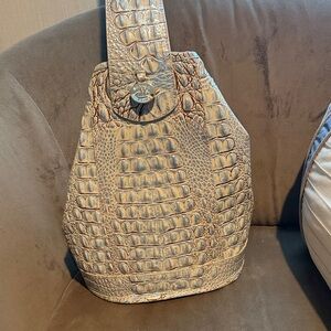 Croc-Textured Shoulder Bucket Bag in Taupe Beige